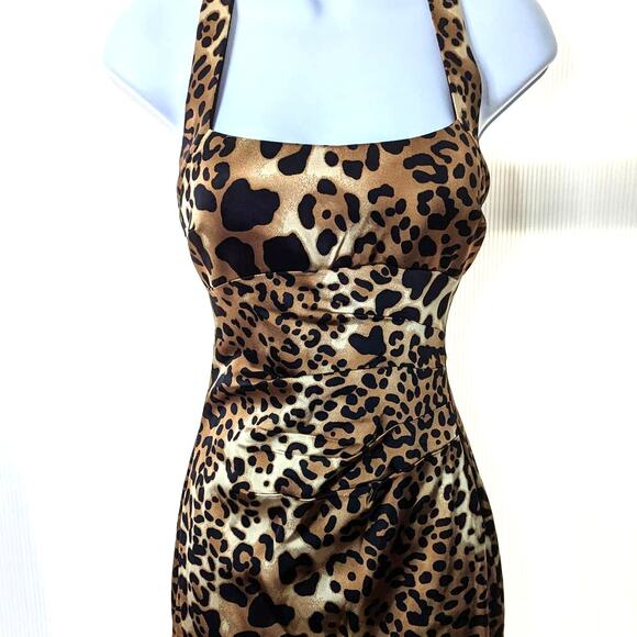 Vintage Y2K 90s Cache Leopard Print Halter Mini Dress Bodycon Clubwear Size 0 - Picture 3 of 11